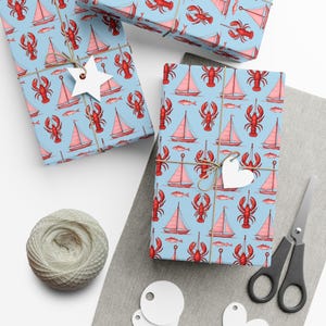 Lobster Sailboat Gift Wrap Paper, Nautical Wrapping Paper, Coastal Party Supplies, Seafood Birthday Wrap, Summer Celebration Gift Wrap