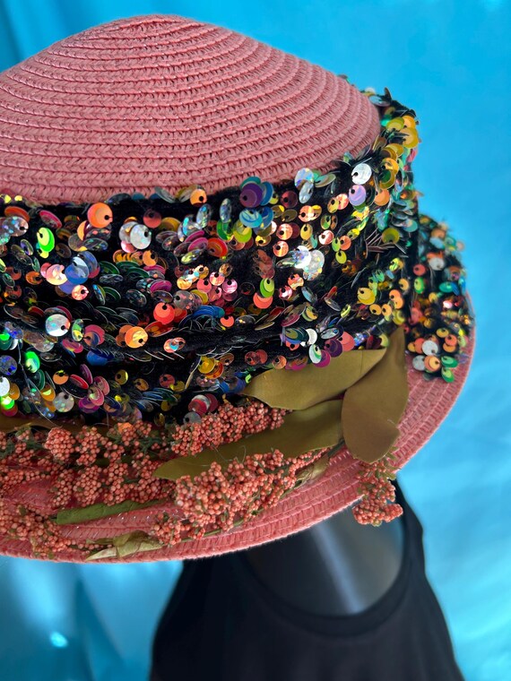 Coral Straw Derby Hat With Sequins & Flowers - Etsy display picture 1