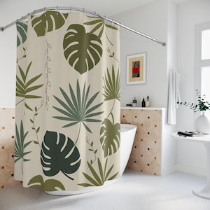 Cortinas de ducha botánicas, decoración tropical, accesorios de baño, cortinas elegantes, cortinas de ducha con estampado de hojas