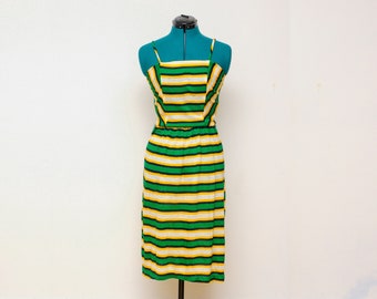 70s-80s striped summer dress: horizontal stripes, spaguetti straps, summer beach dress, green, balck, white and yellow, S/XS size