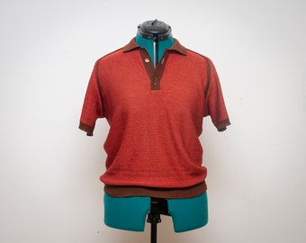 Polo de los años 70: top con cuello raglán, rojo óxido, cobre, rojo ladrillo, marrón canela, manga corta, talla M mediana.
