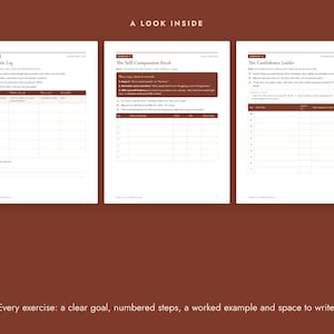 May include: Three white pages from a workbook featuring dark red headers and text. The pages are titled The Critic Log, The Self-Compassion Break, and The Confidence Ladder. Each page includes numbered instructions, a table for tracking, and blank lines.