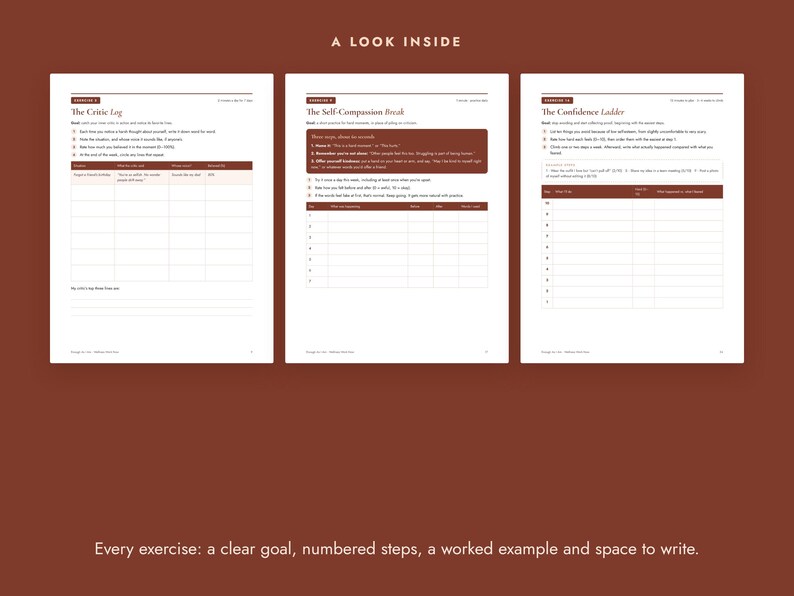 May include: Three white pages from a workbook featuring dark red headers and text. The pages are titled The Critic Log, The Self-Compassion Break, and The Confidence Ladder. Each page includes numbered instructions, a table for tracking, and blank lines.