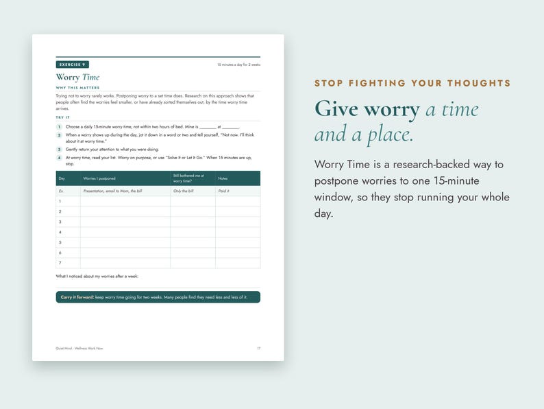 May include: A white page titled Worry Time with black text and a dark teal table for tracking worries. The text reads Stop fighting your thoughts, Give worry a time and a place, and explains a 15-minute window method to manage daily anxieties.