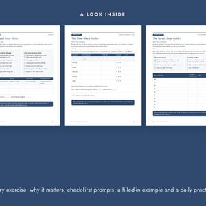 May include: Three white pages from a workbook titled A LOOK INSIDE. Each page features dark blue headers and text, including exercises titled Toward and Away Moves, The Time-Block Tracker, and The Secure Steps Ladder with tables and checklists.