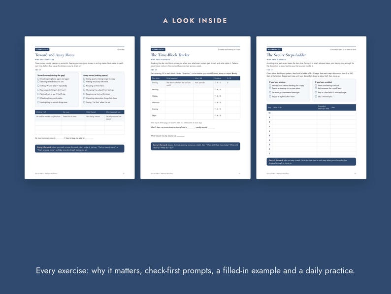 May include: Three white pages from a workbook titled A LOOK INSIDE. Each page features dark blue headers and text, including exercises titled Toward and Away Moves, The Time-Block Tracker, and The Secure Steps Ladder with tables and checklists.