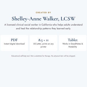May include: A digital document created by Shelley-Anne Walker, LCSW, featuring text about healing relationship patterns. It includes sections for PDF instant download, 8.5 x 11 US Letter printing, and tablet compatibility for GoodNotes and Notability.