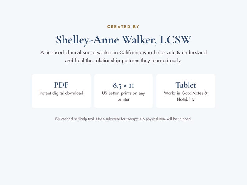 May include: A digital document created by Shelley-Anne Walker, LCSW, featuring text about healing relationship patterns. It includes sections for PDF instant download, 8.5 x 11 US Letter printing, and tablet compatibility for GoodNotes and Notability.
