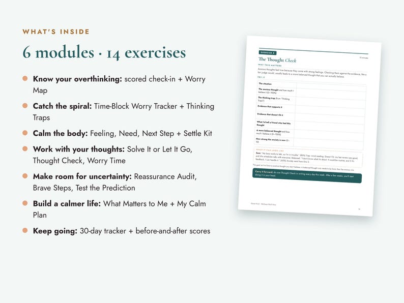 May include: A document titled What's Inside listing 6 modules and 14 exercises including Know your overthinking, Catch the spiral, Calm the body, Work with your thoughts, Make room for uncertainty, Build a calmer life, and Keep going, with a page showing The Thought Check.