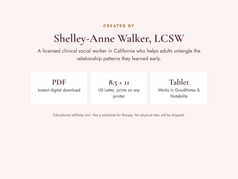 May include: A digital document created by Shelley-Anne Walker, LCSW, featuring text about helping adults untangle relationship patterns. It includes three white boxes labeled PDF, 8.5 x 11 US Letter, and Tablet, with a note about it being an educational self-help tool.