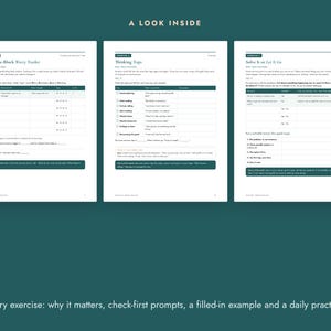 May include: Three white pages from a workbook featuring dark green headers and text. The pages are titled The Time-Block Worry Tracker, Thinking Traps, and Solve It or Let It Go. Each page contains structured tables, checklists, and prompts for daily exercises.