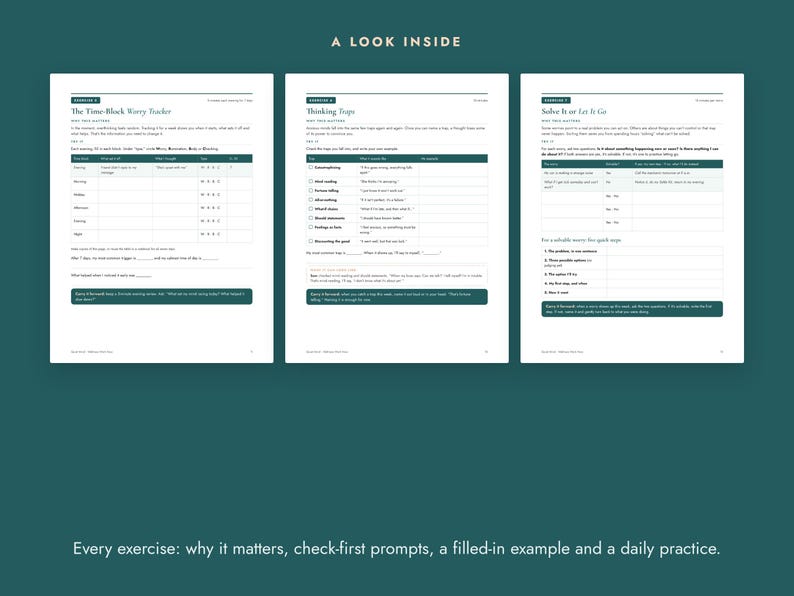 May include: Three white pages from a workbook featuring dark green headers and text. The pages are titled The Time-Block Worry Tracker, Thinking Traps, and Solve It or Let It Go. Each page contains structured tables, checklists, and prompts for daily exercises.