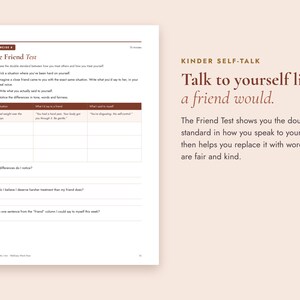 May include: A wellness worksheet titled The Friend Test featuring a table to compare self-talk versus friend-talk. The page includes the text Kinder Self-Talk and Talk to yourself like a friend would, with prompts to analyze personal treatment.