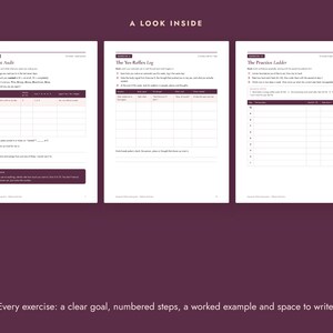 May include: Three white pages from a workbook titled A LOOK INSIDE, featuring exercises titled The Cost Audit, The Yes-Reflex Log, and The Practice Ladder. Each page includes numbered instructions, a table for tracking data, and blank lines for writing.