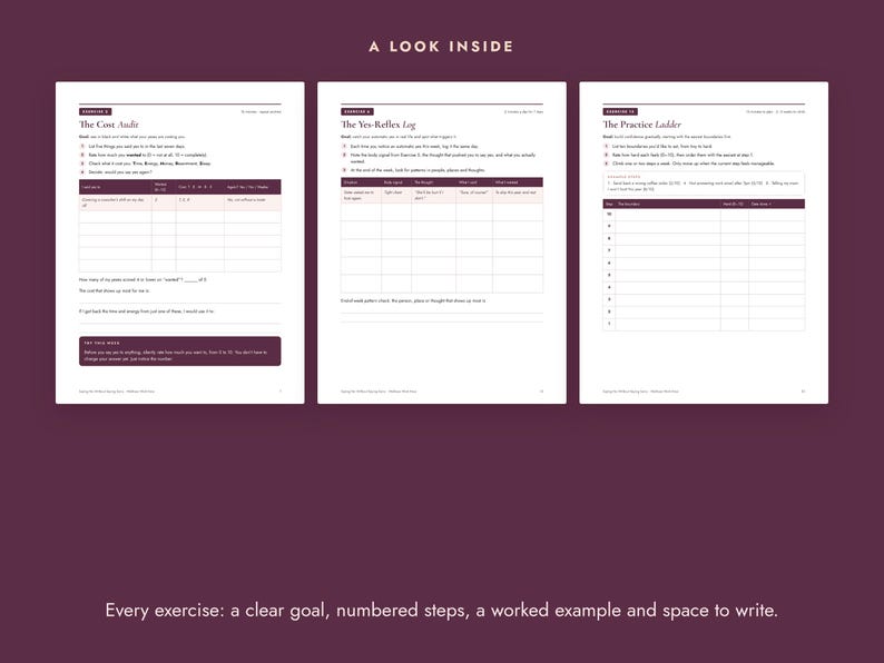 May include: Three white pages from a workbook titled A LOOK INSIDE, featuring exercises titled The Cost Audit, The Yes-Reflex Log, and The Practice Ladder. Each page includes numbered instructions, a table for tracking data, and blank lines for writing.