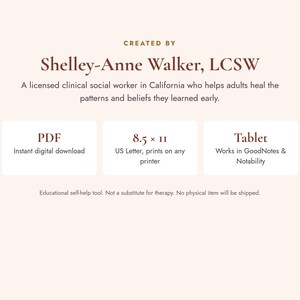 May include: A digital educational self-help tool created by Shelley-Anne Walker, LCSW. The text specifies it is a PDF, 8.5 x 11 inches US Letter size, and compatible with tablets like GoodNotes and Notability. It is not a substitute for therapy.