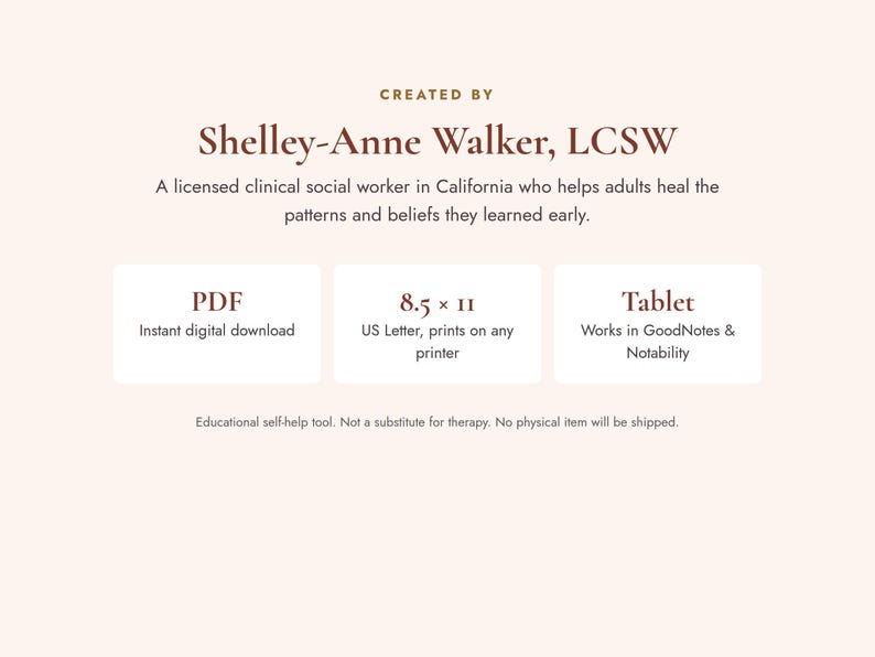 May include: A digital educational self-help tool created by Shelley-Anne Walker, LCSW. The text specifies it is a PDF, 8.5 x 11 inches US Letter size, and compatible with tablets like GoodNotes and Notability. It is not a substitute for therapy.
