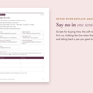 May include: A white page titled Exercise 13 Script Rewrite with black text. It includes instructions, a bank of script examples for saying no, and a table with columns labeled What I usually say and My words. The text Say no in one sentence appears.