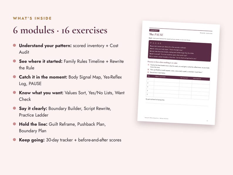 May include: A document titled WHAT'S INSIDE listing 6 modules and 16 exercises including Understand your pattern, See where it started, Catch it in the moment, Know what you want, Say it clearly, Hold the line, and Keep going, with a sample page.