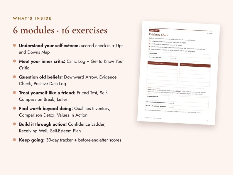 May include: A document titled What's Inside listing 6 modules and 16 exercises including self-esteem check-ins, inner critic logs, and belief questioning. Next to it is a page titled Exercise 4 Evidence Check with fields for beliefs and evidence.