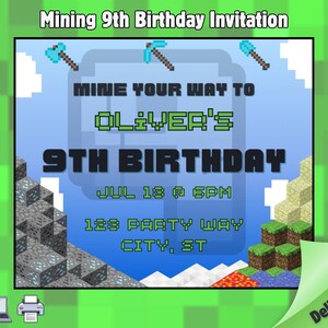 Mining 9th Birthday Invitation | Pixel Gamer Party