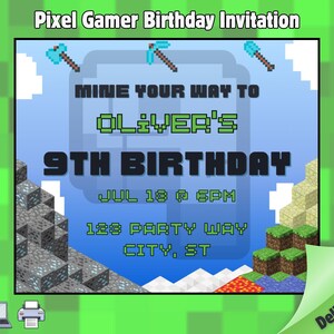 Puede incluir: Invitación de cumpleaños de Pixel Gamer con gráficos pixelados. La invitación dice "Mine Your Way To Oliver's 9th Birthday" con fecha, hora y detalles de la dirección. Incluye herramientas y elementos de paisaje pixelados.