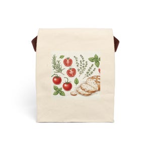 Canvas Lunch Bag, Tomato and Rosemary Design Stylish Lunch Box, Reusable Picnic Sack, Aesthetic Food Print Tote