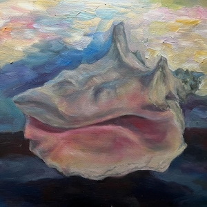 May include: Oil painting of a conch shell. The shell has a pink interior and a textured, off-white exterior. The background features a colourful sky with blues, yellows, and pinks, creating a serene coastal scene.