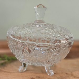Vintage Cut Crystal Candy Dish with Lid – Pressed Glass Footed Bowl with Floral Design