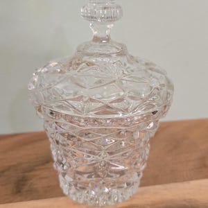 Vintage Pressed Glass Candy Dish with Lid: Diamond Cut Footed Bowl