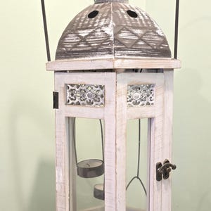 Rustic White Wood & Metal Lantern – Farmhouse Candle Holder, Farmhouse Decor, Wedding Centerpiece