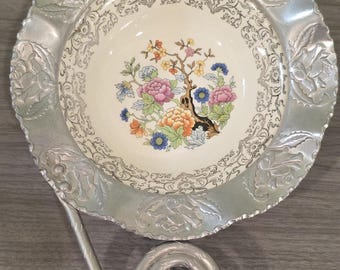 Vintage Farber & Shlevin Floral Ceramic Serving Tray - 1930s Metal Frame
