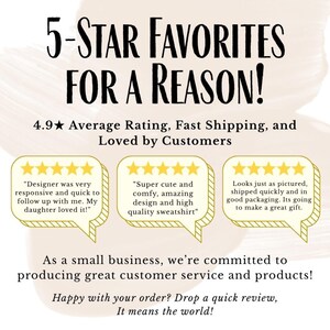 May include: Image with text: "5-STAR FAVORITES FOR A REASON!" and customer reviews. The reviews are in speech bubbles with gold stars. The text also says "4.9 Average Rating, Fast Shipping, and Loved by Customers."