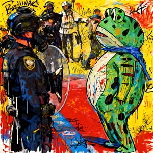 May include: An abstract painting depicts a confrontation between police officers and a frog-like figure. The officers wear dark blue uniforms and helmets, while the frog is green with black spots and a blue scarf. The background is yellow and red.