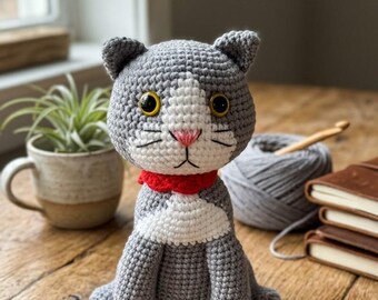 Ręcznie robiona na szydełku pluszowa zabawka w kształcie szarego kota, prezent walentynkowy dla miłośników kotów, kociak amigurumi