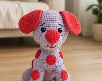 Handmade Crochet Dog Plush: Amigurumi Nursery Toy with Red Polka Dots