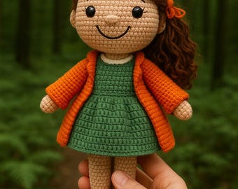 Handmade Amigurumi Girl Doll with Orange Jacket, Personalized Valentine’s Day Crochet Plush Toy Gift