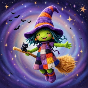 May include: A crocheted witch doll with a green face, blue hair, and a purple and orange hat. She wears a patchwork dress and boots, and rides a broom with a black cat. The background is a swirling galaxy with stars and bats.