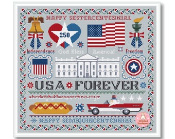 250th Years Independence Day Cross Stitch Pattern:  America Patriotic Sampler (PDF Pattern)
