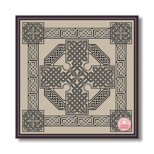 May include: A framed cross-stitch pattern featuring a complex Celtic knot design in black on a beige background. The artwork is square, with a dark brown frame. The design includes intricate interwoven lines and geometric shapes, creating a symmetrical pattern.