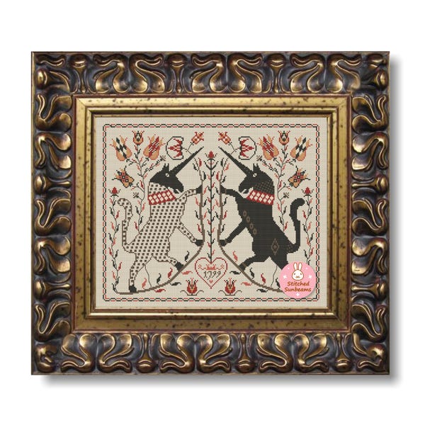 Eenhoorns Fraktur-kruissteekpatroon: Pennsylvania antieke sampler (pdf-patroon)