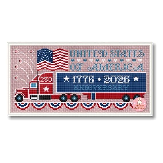 USA Anniversary Patriotic Cross Stitch Pattern: Truck 250 Years Independence Day (PDF Pattern)