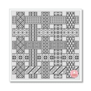 May include: A black and white cross-stitch pattern with a woven design. The pattern features geometric shapes, floral motifs, and repeating patterns. The image includes the text "Stitched Sunbeams" in the lower right corner.