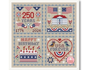 250 Years USA Stamps Cross Stitch Pattern: 4July Patriotic Sampler (PDF Pattern)