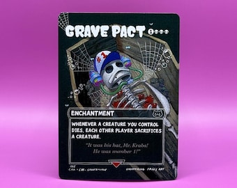 May include: A Grave Pact card with a skeleton in a coffin wearing a blue hat and headphones. The card includes the text "ENCHANTMENT" and a quote from Spongebob Squarepants. The card is set against a pink backdrop.