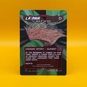 May include: A rectangular card with the text "LA PAVA" and "HELM OF THE HOST" in red and white. The card features a brown illustration of a helmet and text describing its function. The background is green and black.