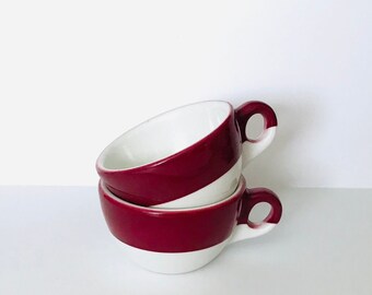 Two 1950s Caribe Deep Red Banded Coffee Mugs Restaurant Ware Diner Cups Heavy Thick Vintage White and Red Stripe