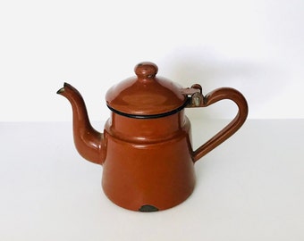 Vintage Toy Enamelware Teapot Gooseneck Chocolate Brown Attached Lid Small Play