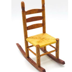 Vintage Artisan Signed Dollhouse Miniature Rocking Chair Ladder Back Rush Seat Quaker Handmade Original