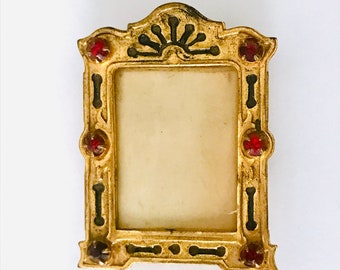 Antique Dollhouse Miniature Picture Frame Gold Red Rhinestones Brass Easel Back Victorian Style Doll Size